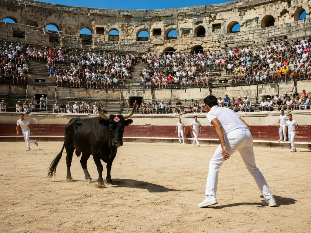 Une course camarguaise dans les Arènes d’Arles, des raseteurs en blanc face à un taureau de Camargue